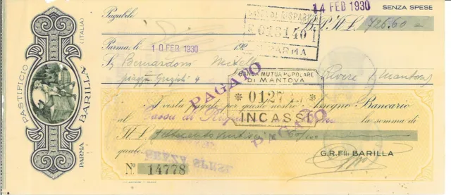 Assegno Bancario INTESTATO PASTIFICIO BARILLA, Parma 1930
