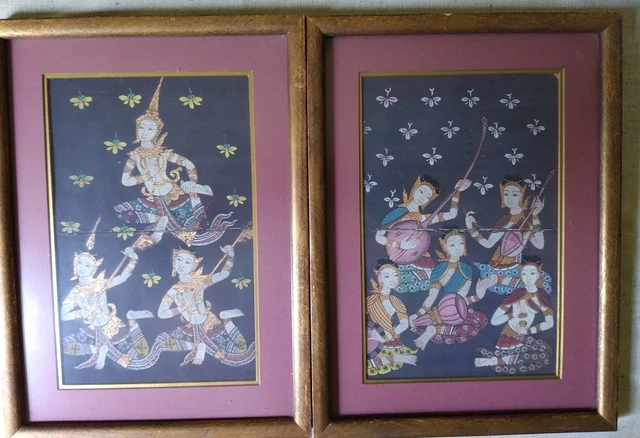 PAIR Antique THAI Manuscript Gouache Painting 19TH C. Matted & Framed