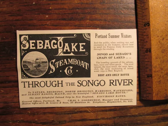 Antique Vintage Ephemera 1890s Print Ad Sebago Steamboat Co Songo River Maine ME