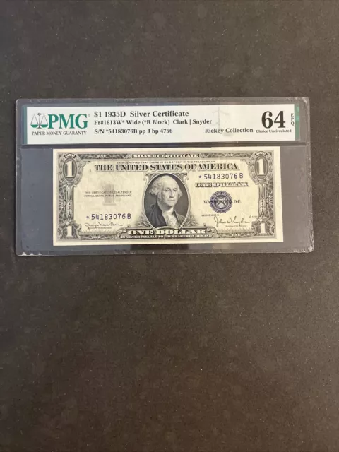 Fr.1613W* 1935-D $1 One Dollar *Star* Silver Certificate“Wide” Pmg Gem Unc-64Epq
