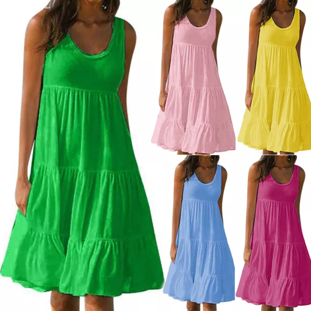 Womens Summer Smock Dress Ladies Holiday Beach Casual Loose Frill Mini Sundress