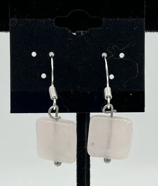 Natural Rose Quartz Gemstone Flat Squares Beaded Sterling Silver Dangle Earrings