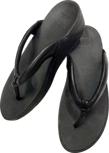 Fitflop Swirl All Black Wedge Thong Sandal Slip On Size 8