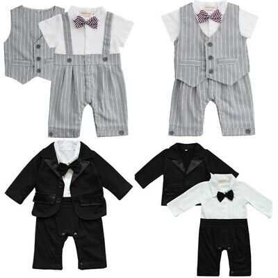 Newborn Baby Boy Wedding Formal Tuxedo Suit Gentleman Bowtie Romper Outfit Cloth