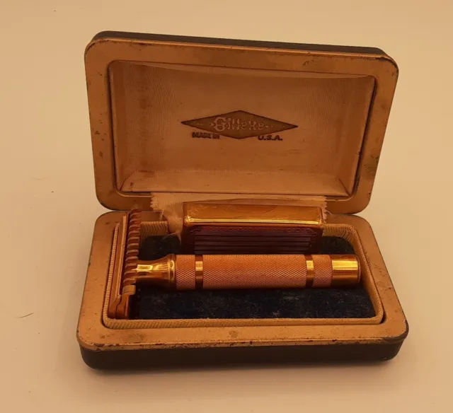 1930's Gillette TTO Gold Open Comb Razor w/ Case, Gold Blade Keeper, 9 Thin...