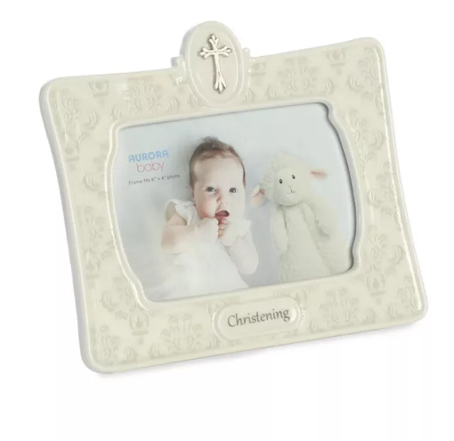 Baptism Christening Baby Picture Frame, 4x6 White with Cross