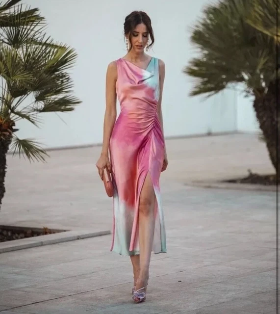 ZARA PINK WHITE Multi Tie Dye Print Midi Satin Dress Size L BNWT 8346/201  45.00 - PicClick UK