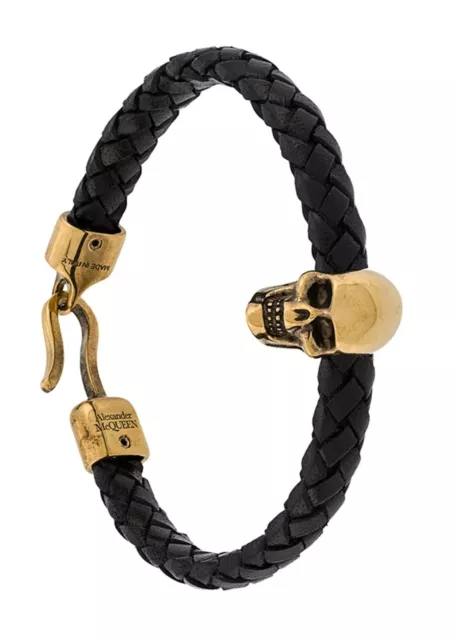ALEXANDER McQUEEN 'Skull Braided Leather Bracelet' Blk/Gold Brass ITALY OS *NWT* 3