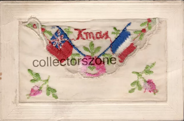 WW1 Silk Postcard Xmas Red ensign & French Tricolour Flags