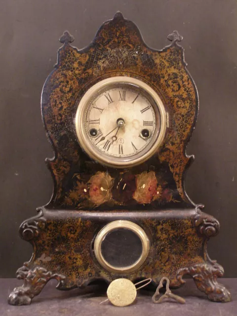 RARE 1800s NICHOLAS MULLER Cast Iron Case HAND PAINTED Mantle Shelf Clock Floral