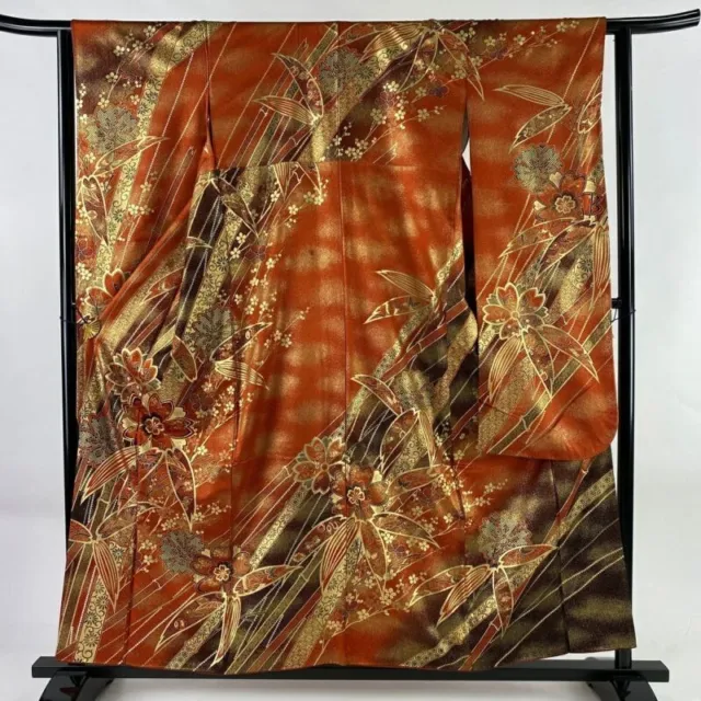 Woman Japanese Kimono Furisode Silk CherryBlossom Bamboo Gold Thread Vermilion