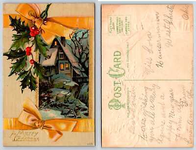Merry Christmas Yellow Ribbon Holly Winter Scene Postcard 267