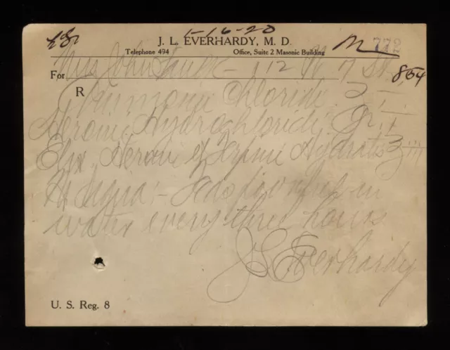 J.L. EVERHARDY MD Leavenworth KS Kansas Handwritten HEROIN Prescription c.1920s