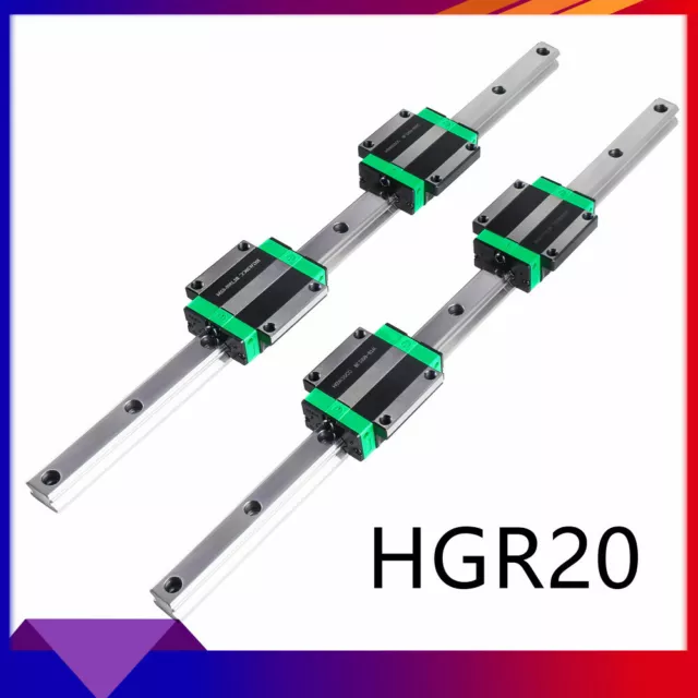 2X HGR20 Linear Rail Guide Slide Shaft 200-1500mm + 4X HGW20CC Bearing Block CNC