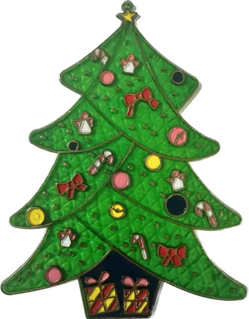 VTG Christmas Tree Suncatcher Plastic Stained Glass w/ Ornaments & Presents 8.5”