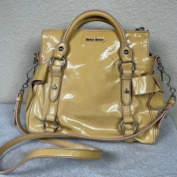 Miu Miu Vitello Lux Side Bow Hand Bag in Beige Patent Leather