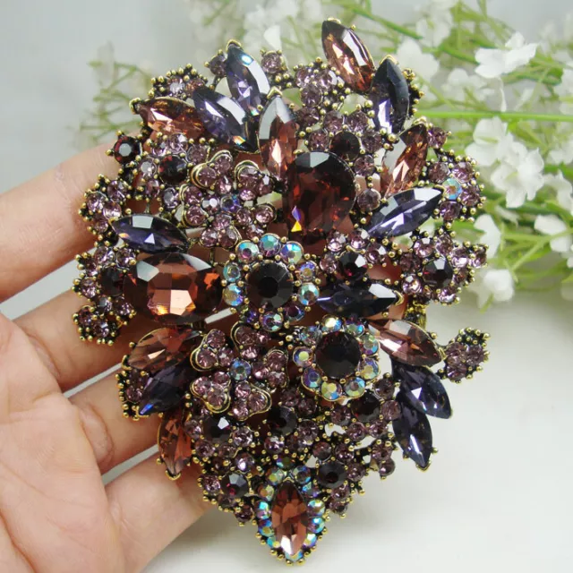 3.94" Purple Dual Droplets Flower Group Rhinestone Crystal Brooch pin Pendant