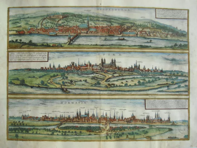 Heidelberg Speyer Worms  alter dekorativer Braun und Hogenberg Kupferstich 1580