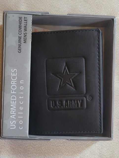 New U.s Army Leather Trifold Wallet Genuine Black Cowhide Embossed Army Star