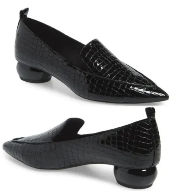 Jeffrey Campbell-Viona Black Patent Leather Croc-Embossed Pointed Toe Loafer 6.5