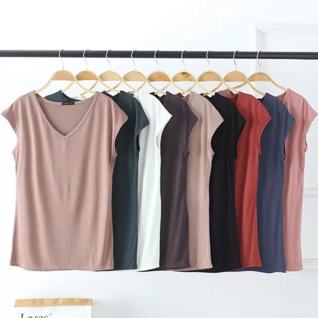 Solid V Neck Basic Tshirt Women summer modal Loose Tee Tops Casual undershir ~