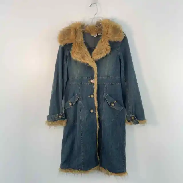 F.L. Malik Faux Fur Trim Blue Cotton Long Denim Overcoat - Women's Size S