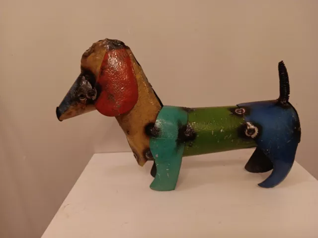 Recycled Metal Colorful Dachshund Dog Sculpture Garden Indoor/Outdoor Riveted