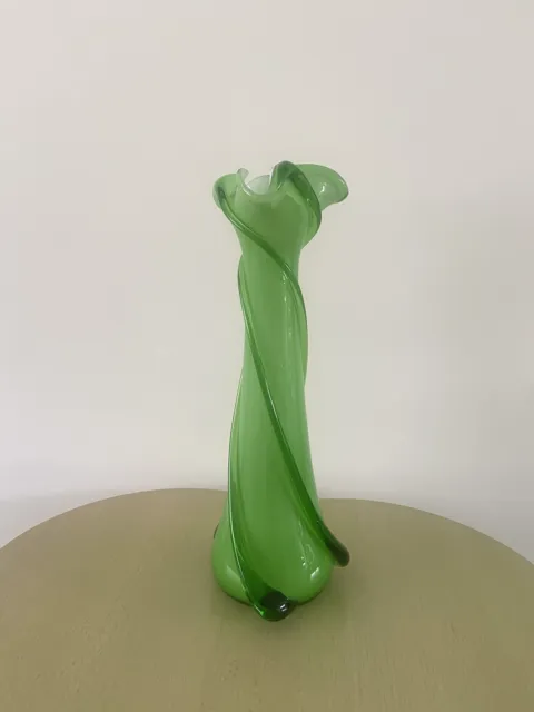 Mid Century Tall Cased Glass Green Vase