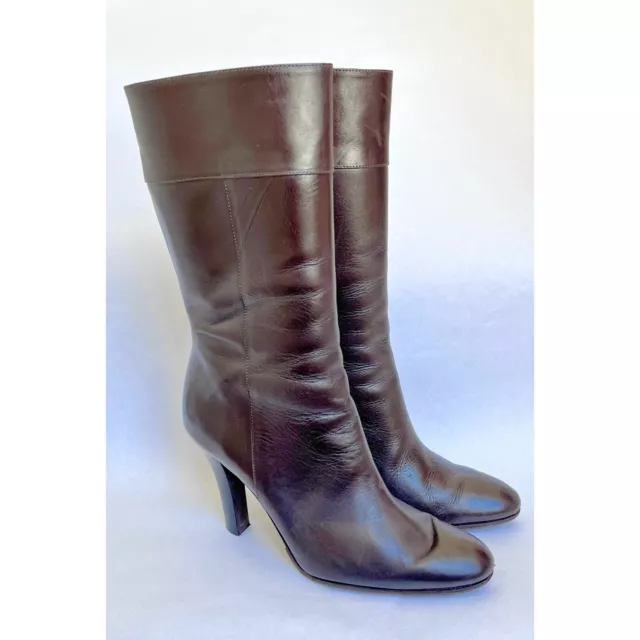 BROOKS BROTHERS Brown Leather Boots Womens Sz 7-7.5 Mid Calf 3.5” Heel  ITALY