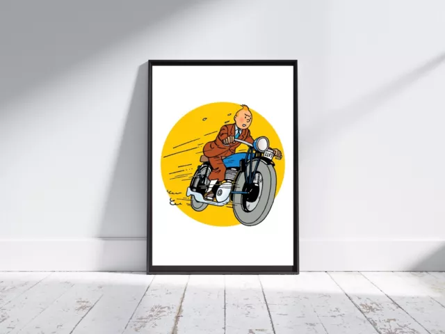 Tintin Motorbike / Motorcycle - Cartoon Wall Art Poster Print - A5 A4 A3 #058