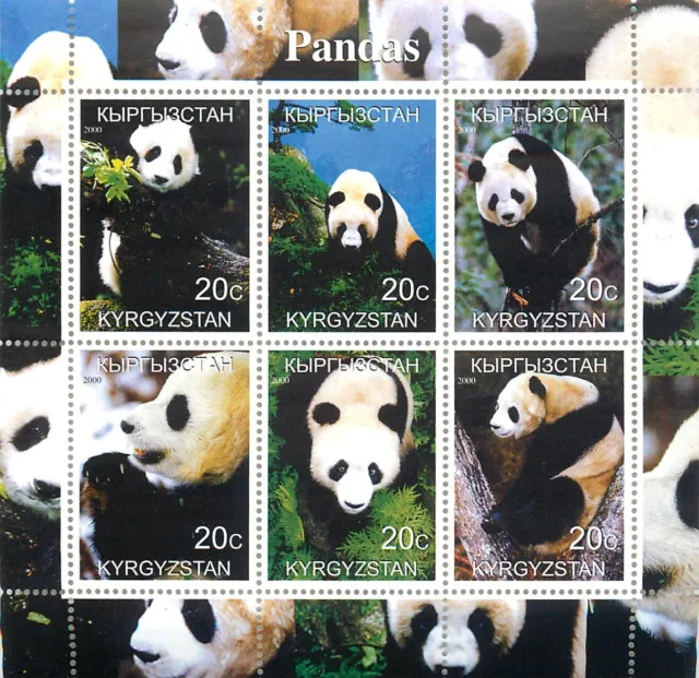 2. Hoja de seis sellos ilegales de pandas de Kirguistán 2000 montada sin montar o nunca montada