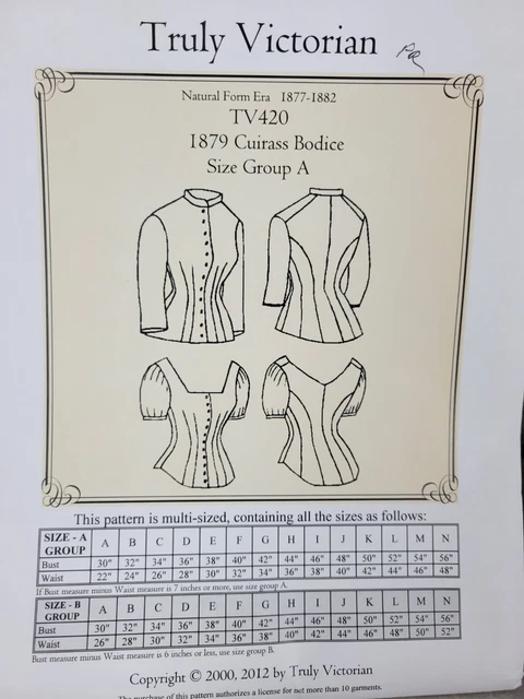 Truly Victorian Sewing Pattern 1879 Cuirass Bodice Tops Shirts 30"-56" Bust FF