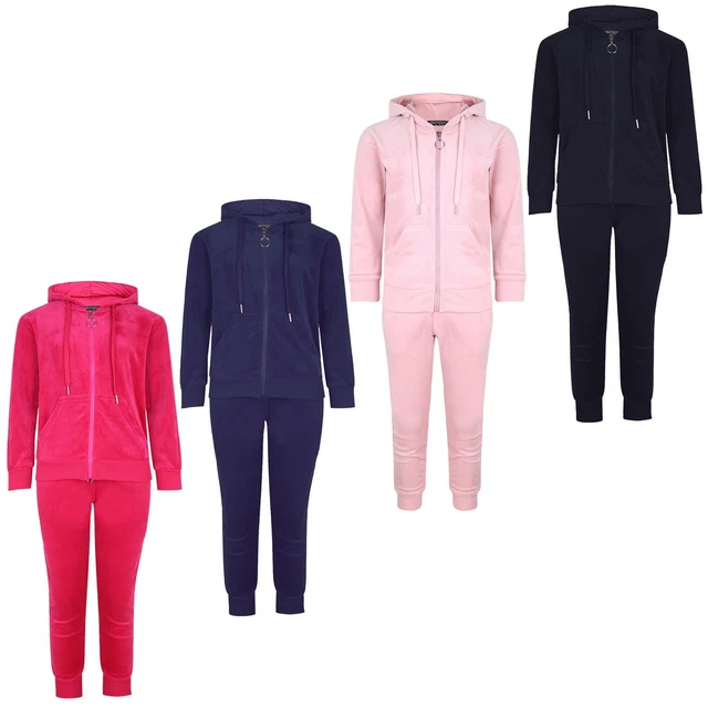 Kids Velvet Tracksuit Hooded Jumper Top Boys Girls Jogging Bottoms Velour 3-14 Y