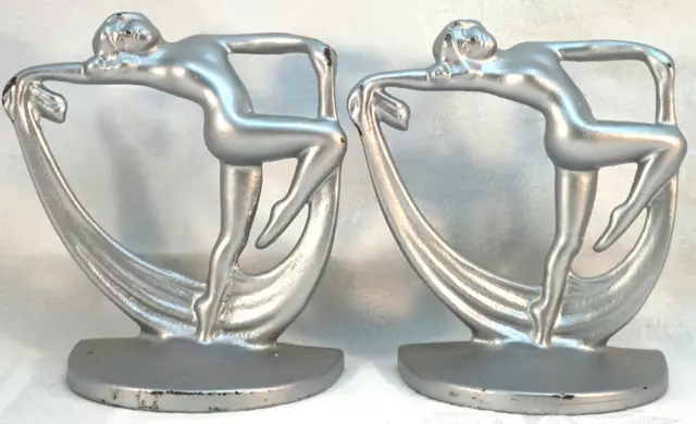 Pair Cast Iron Art Deco Nude Lady Scarf Dancer Bookends Aluminum Color