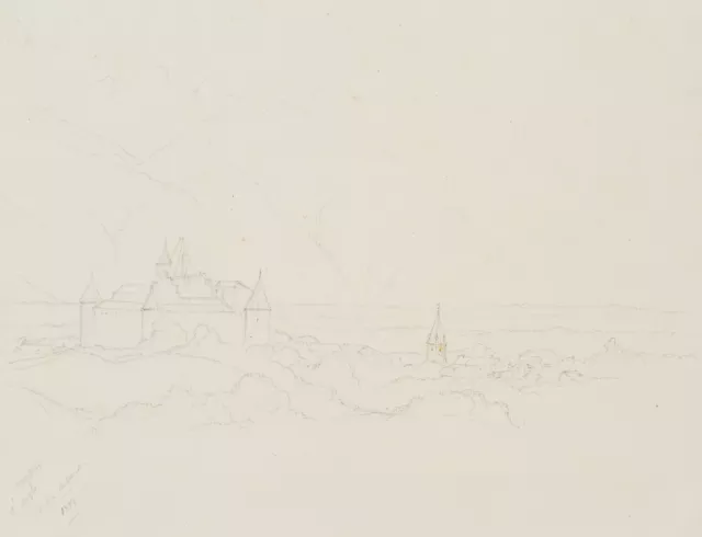 E. BRETENIÈRES (*1804), Schloss Aigle vor Gebirge, Schweiz,  1851, Bleistift