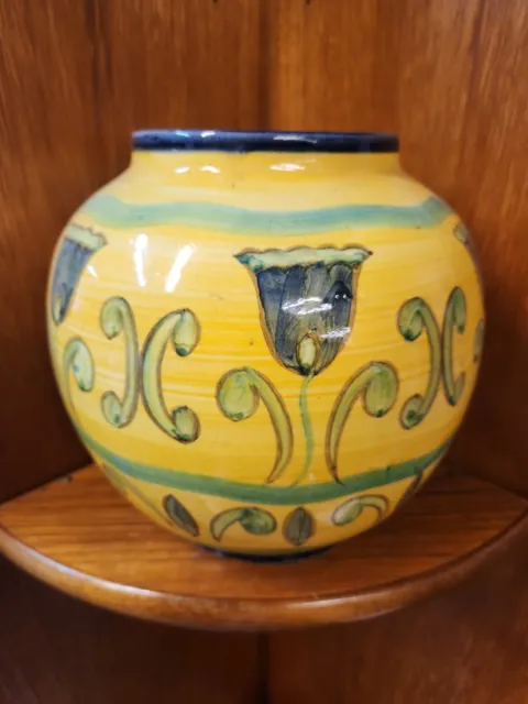 Vintage Hand Painted Floral Vase Italian Ceramic Pottery Yellow Green Blue 1980s