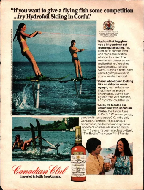 1974 Canadian Club Whiskey Hydrofoil Skiing Photo Girl Bikini Vintage Print Ad