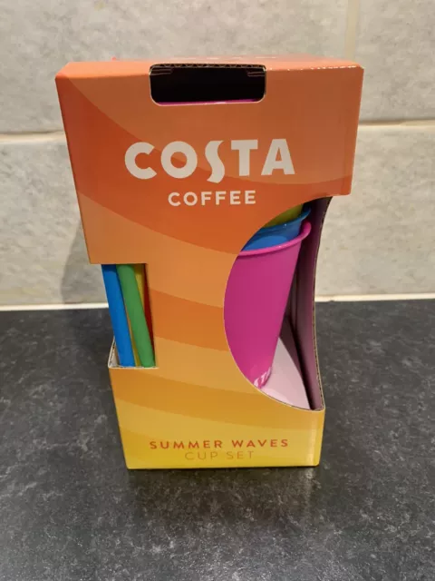 Costa Coffee Summer Waves Plastic Frappe Cups With Lids & Straws X 5 Brand New