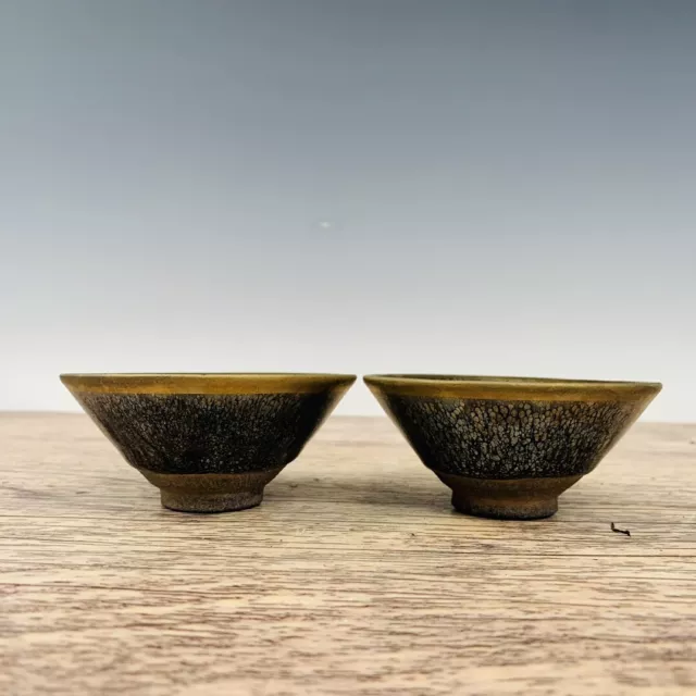 4" China antique a pair the tang dynasty Jian Kiln Oil droplet Bamboo hat bowl