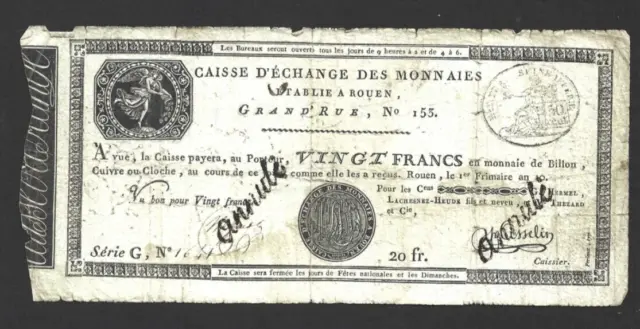 20 FRANCS VG BANKNOTE FROM FRANCE/ROUEN 1803  PICK-S245a