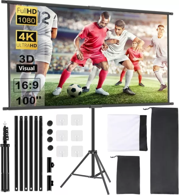 Owill 100 inch Projector Screen 16:9 HD Adjustable Height Portable with Tripod