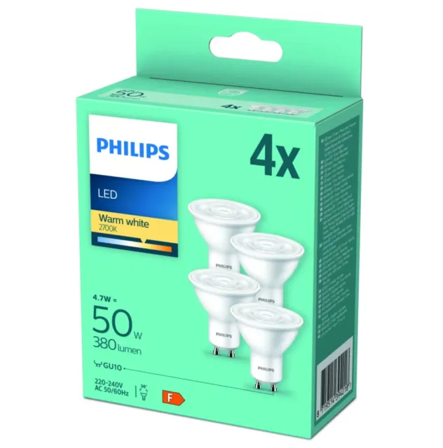 4 x Philips LED Strahler Reflektor 4,7W = 50W GU10 380lm warmweiß 2700K 36°