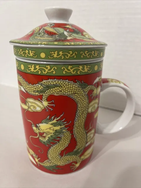 Chinese Dragon Phoenix Tea Mug Cup Infuser W/ Lid 3-Piece Ceramic Red Green