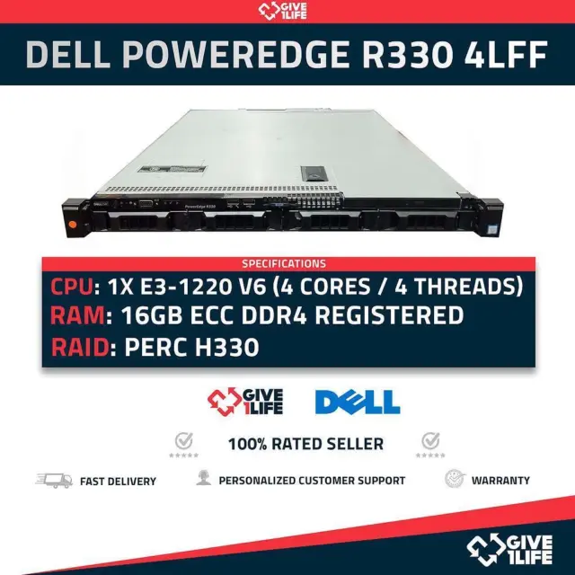 Dell PowerEdge R330 4LFF 1x E3-1220 V6 (4 cœurs 4 fils) 16 Go de RAM DDR4...