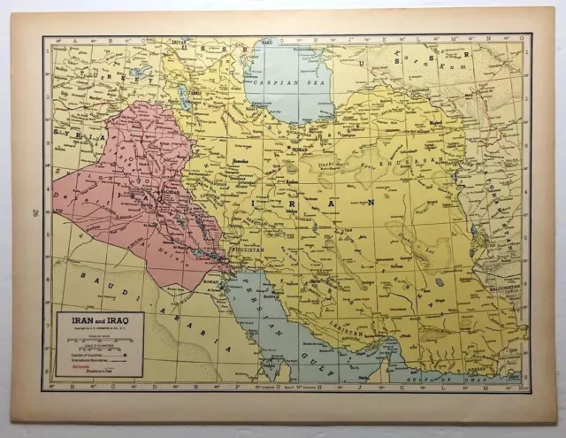 1947 Antique IRAN & IRAQ Atlas Map - Vintage Old Hammond's Library World Atlas