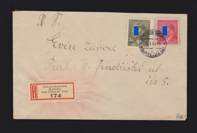 Brief Böhmen und Mähren Mi.96, 102 per Einschreiben von Schwarzkosteletz 1945