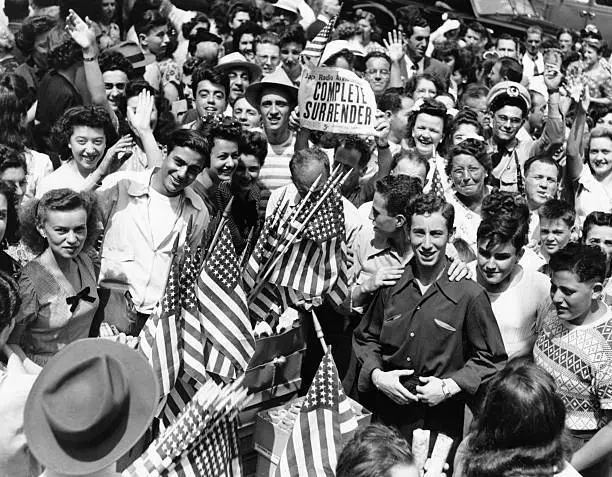 Crowds America celebrate complete surrender Japan during World War Old Photo