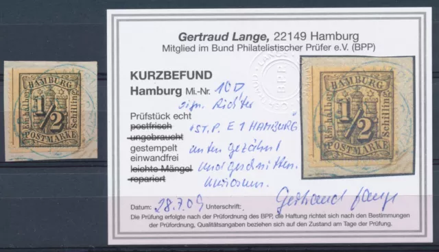 Hamburg 1/2 Schilling Wappen 1864 Briefstück Michel 10 Befund (S23134)