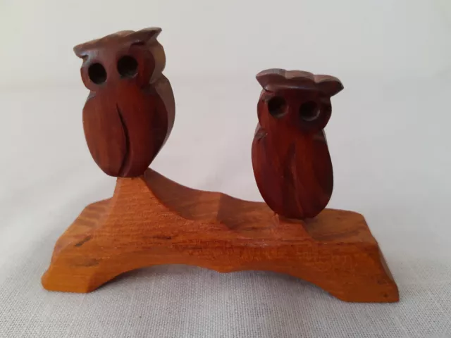 Hand Carved Wooden Wood Owls on Branch Owl Bird Animal Sculpture Figurine Decor