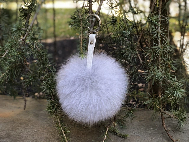 Light Grey FOX FUR 5 inch bag charm pom pom keychain purse pendant  Hardware